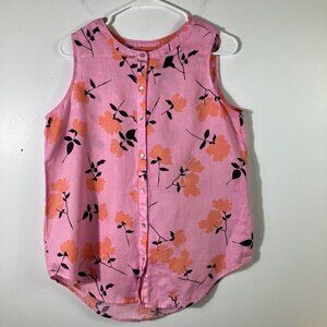 Womens Cynthia Rowley Sleeveless Floral Linen Button Shirt Pink Orange Black‎ M